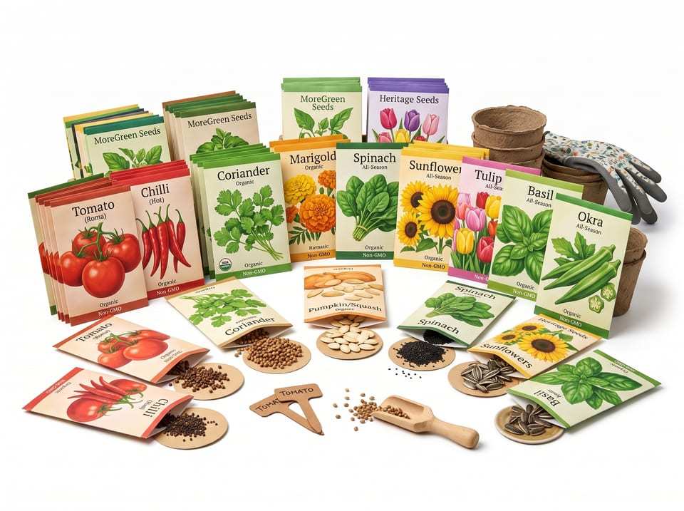 More Green vegetable and flower seed packets displayed with potting supplies and gardening tools