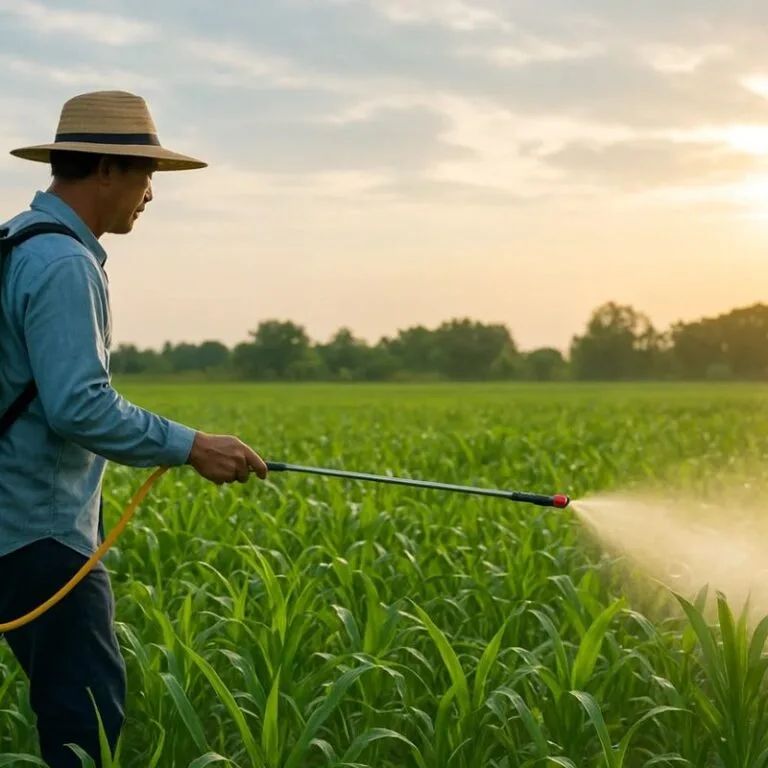 A farmer is sparying pesticides or fertilzer in feilds